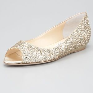 Jimmy Choo Gold Glitter Peep-Toe Flats